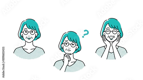 A cartoon woman with different facial expressions and emotions