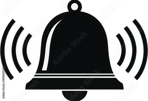 Black ringing bell icon with sound waves on white background notification alert
