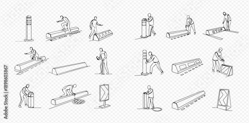 Road construction and maintenance doodle set with workers installing barriers and signs, hand-drawn vector illustration.