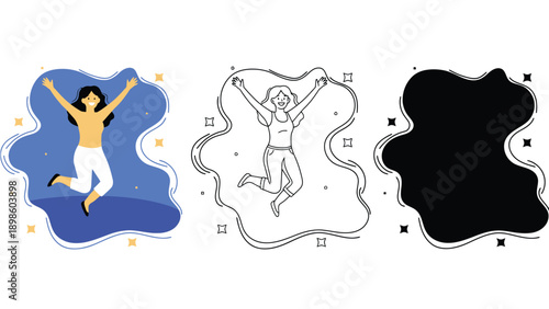 A joyful woman jumping in different styles and colors with excitement