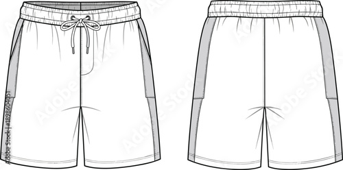 PrintMen shorts technical drawing vector illustration, front and back view, elastic waistband drawstring sportswear apparel template outline design fashion clothing