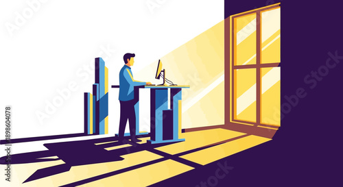Professional Working at Standing Desk in Modern Office Sunlight. Ergonomics, Wellness, and Productivity Illustration.
