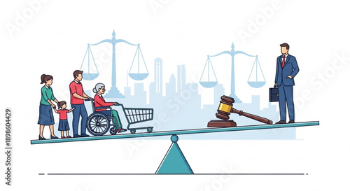 Justice scale balancing family in need with lawyer symbolizing legal aid and equality