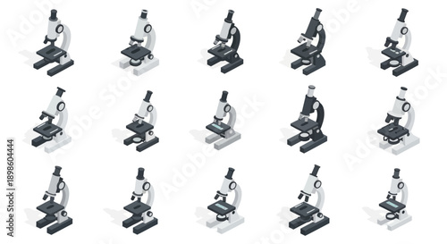 Isometric arrangement of scientific microscopes for laboratory or research purposes and examination