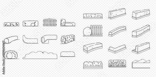 Set of outline icons for various garden and park elements, including bushes, hedges, and fences, on a transparent background.