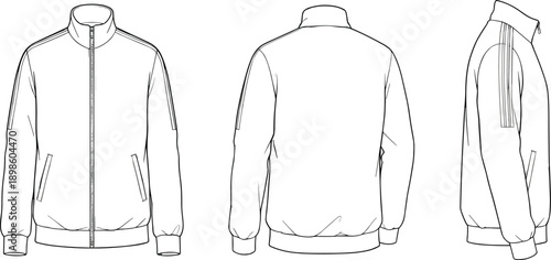 Men zip jacket technical drawing vector illustration, front back side views, stand collar outerwear apparel template outline fashion design clothing