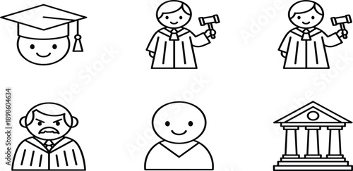 Legal and education line icon set featuring judge with gavel graduate student graduation cap courthouse building and professional law figuresLegal and education 