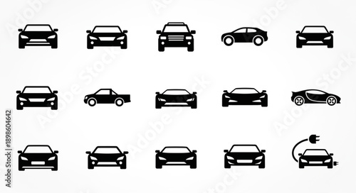 Collection of car icons in silhouette and different views.