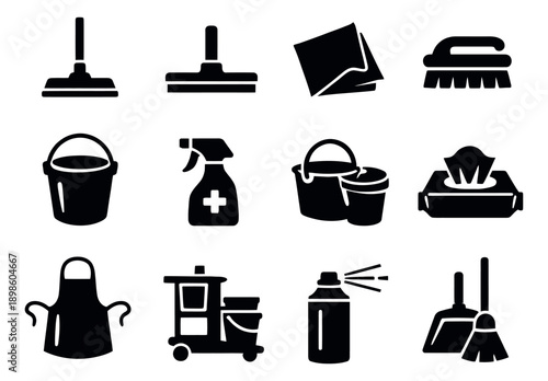 Solid icon cleaning tools set featuring mops, buckets, and sprays for household hygiene
