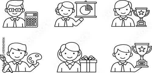 Business professional line icon set featuring office workers with calculator presentation chart trophy award gift box and creative artist paletteBusiness professional line icon 