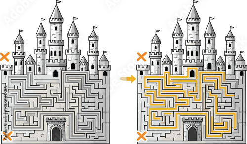 Castle maze puzzle, solution path illustration, problem-solving concept, spatial reasoning vector, game design, challenge and answer, side-by-side comparison