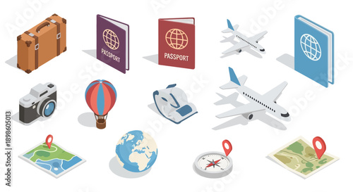 Isometric Travel Icons: Passport, Airplane, Camera, and Travel-Themed Illustrations