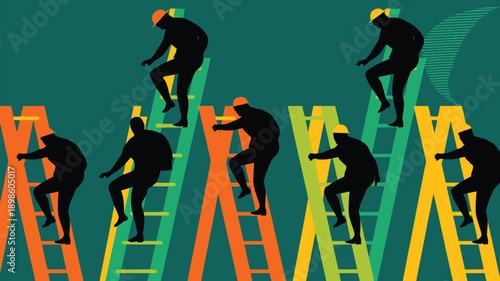 Workers climbing multiple colorful ladders in dynamic motion