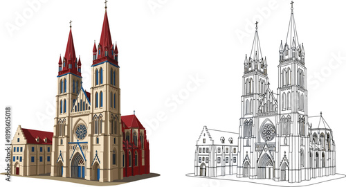 Gothic cathedral illustration, colored and line drawing, architectural comparison, medieval church design, twin spires, rose windows, vector art, historical building