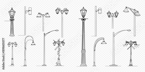 Set of various street lamps and lanterns, hand-drawn sketch illustration of outdoor lighting fixtures.
