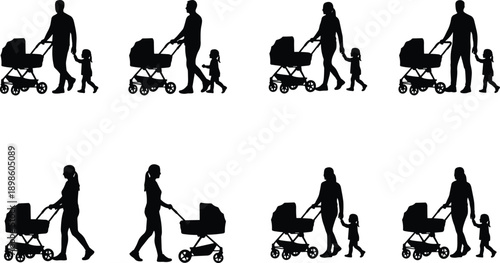 Parents walking with baby stroller silhouettes, mother father child family scenes, parenting lifestyle concept isolated on white background