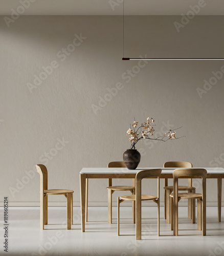 Modern minimal dining room interior with clean lines, natural wood furniture and spacious negative space in a calm contemporary setting. 3D illustration