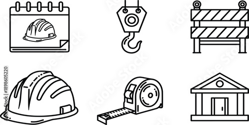 Construction and industrial safety line icon set featuring hard hat crane hook barrier tape measure and house building architectural projectConstruction and 