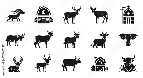 Collection of Farm Animals and Buildings Silhouettes.