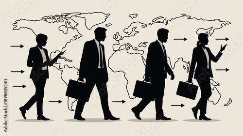 Business professionals traveling globally with briefcases and connected by arrows