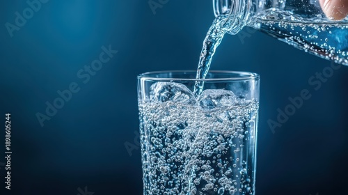 Person pours water into glass hand holds bottle pours water into clear glass person