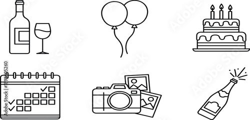 Celebration and event line icon set featuring wine bottle balloons birthday cake calendar with marks camera and sparkling champagne bottleCelebration and event line 