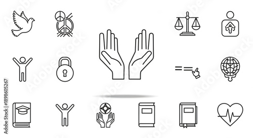 Collection of Line Icons Representing Human Rights and Social Justice Concepts.