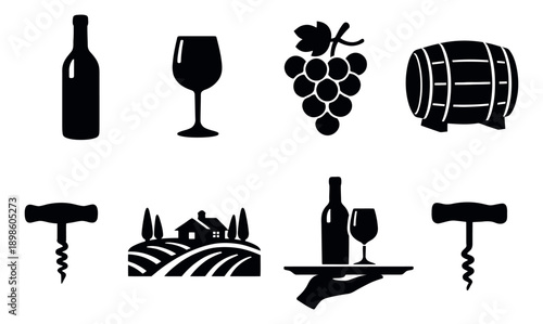 Graphic wine icons set featuring bottle, glass, grapes, barrel, corkscrew, and vineyard scenery for beverage and restaurant industry