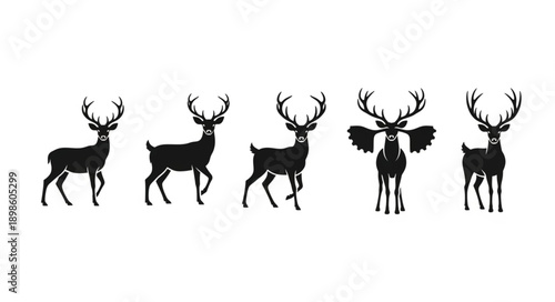 Collection of Deer Silhouettes Standing in Different Poses.