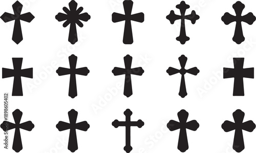 Large assortment of fifteen solid black Christian cross shapes with decorative elements