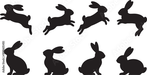 Eight dynamic black silhouette illustrations of rabbits hopping and jumping on a clean white surface