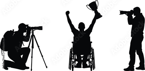 Photographer silhouettes capturing wheelchair athlete holding trophy, victory success concept illustration, disability sports media coverage isolated white background design art