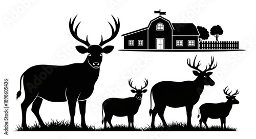 Deer family silhouette with barn and fence illustration.