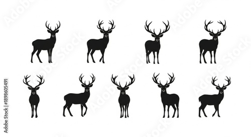 Collection of Deer Silhouettes with Antlers in Various Poses.