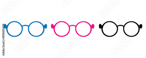 Colorful round glasses icons set. minimalist flat design illustration of three pairs of round eyeglasses