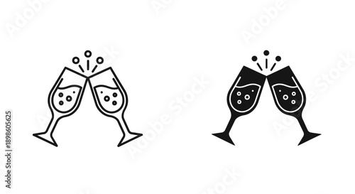 Two champagne glasses clinking in celebration, with bubbles shown in outline and solid black. Perfect for parties, anniversaries, and toast.