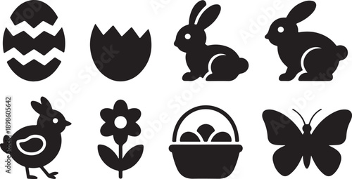 A charming collection of black silhouettes featuring Easter eggs, bunnies, a chick, flower, basket, and butterfly