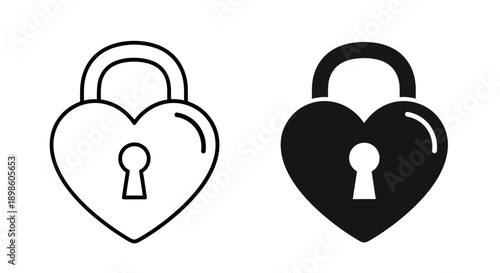 Heart-shaped padlock with a keyhole, symbolizing love, security, and commitment. Offered in outline and solid black.