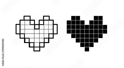 Pixelated heart shape, both in outline and solid black, evoking retro gaming or digital art aesthetics. Represents love in a modern, digital context.
