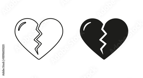Broken heart icon, split in two, symbolizing heartbreak, sadness, and lost love. Presented in outline and solid black.