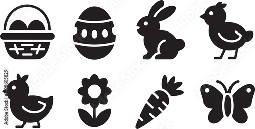 A collection of black silhouette Easter and spring related icons displayed on white