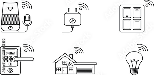 Smart home automation line icon set including voice assistant smart plug light bulb digital door lock and remote wireless house controlSmart home automation line 