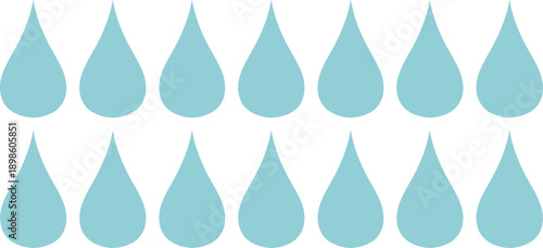 Set of fourteen light blue water drop icons arranged in two rows, clean liquid nature vector illustration symbols for hydration or weather.