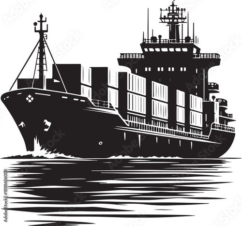 A black vector illustration shows the silhouette of a cargo vessel and fishing boat sailing on a calm sea for industrial shipping and nautical travel