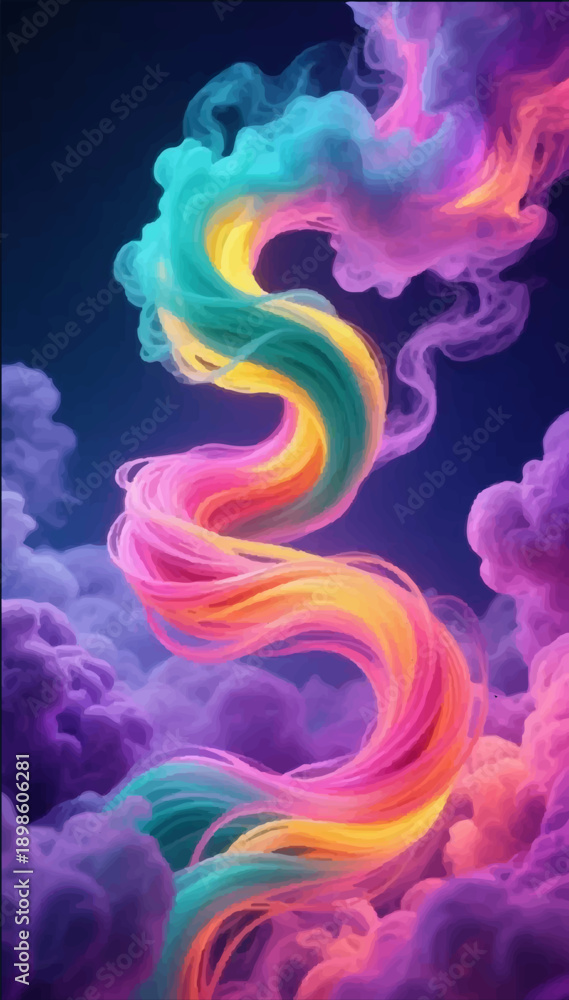 Fototapeta premium Vector illustration of an abstract composition of bright, multicolored flowing threads of smoke forming a dynamic curve.