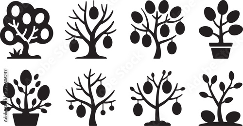 Collection of black silhouettes showcasing various fruit trees and potted plants with distinctive oval shapes