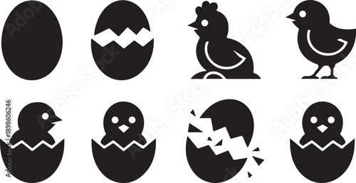 Black silhouettes of eggs, a hen, chicks, and hatching chicks emerging from broken eggshells