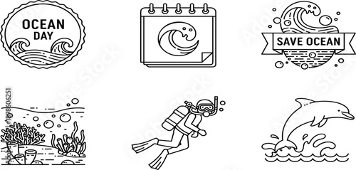 Ocean day world conservation line icon set featuring scuba diver coral reef dolphin waves and calendar for marine environment protection awarenessOcean day world 