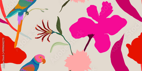 Exotic hand drawn floral pattern with parrots. Colorful contemporary seamless unique print.