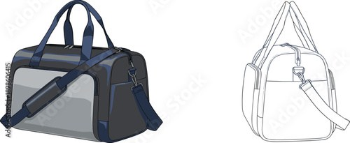 Travel duffel bag vector illustration, realistic color and outline views with shoulder strap, modern gym luggage design isolated white background